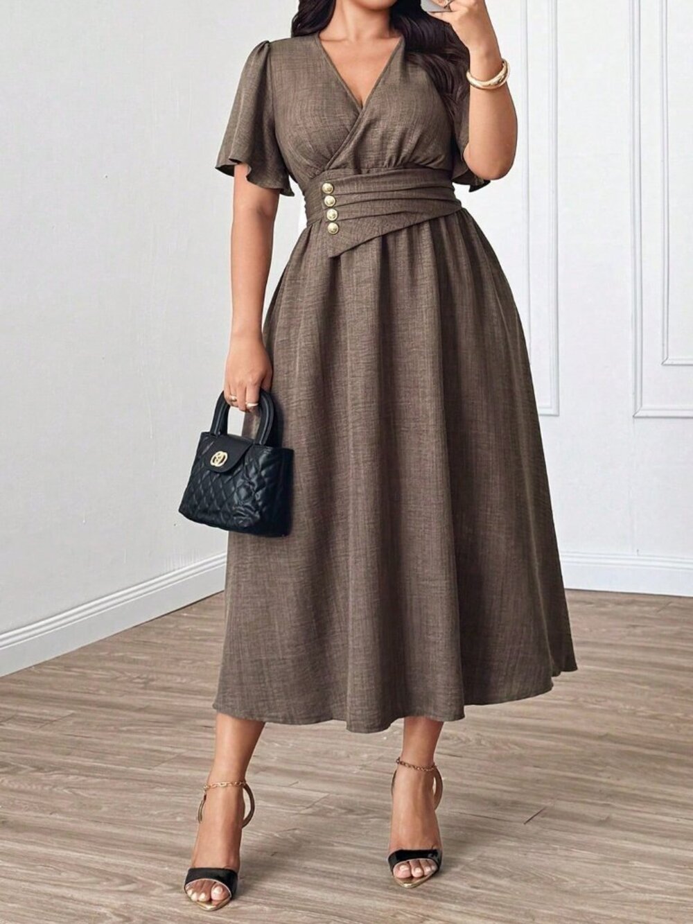 Brown Elegant Women's V-Neck Ruffle Short Sleeve A-Line Dress